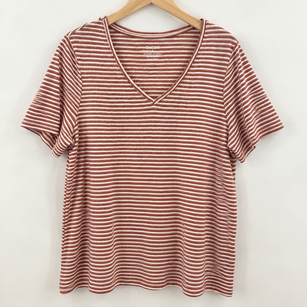 Chico's Coastal Preppy Striped V-Neck Tee Women XL Red White Metallic Sparkle